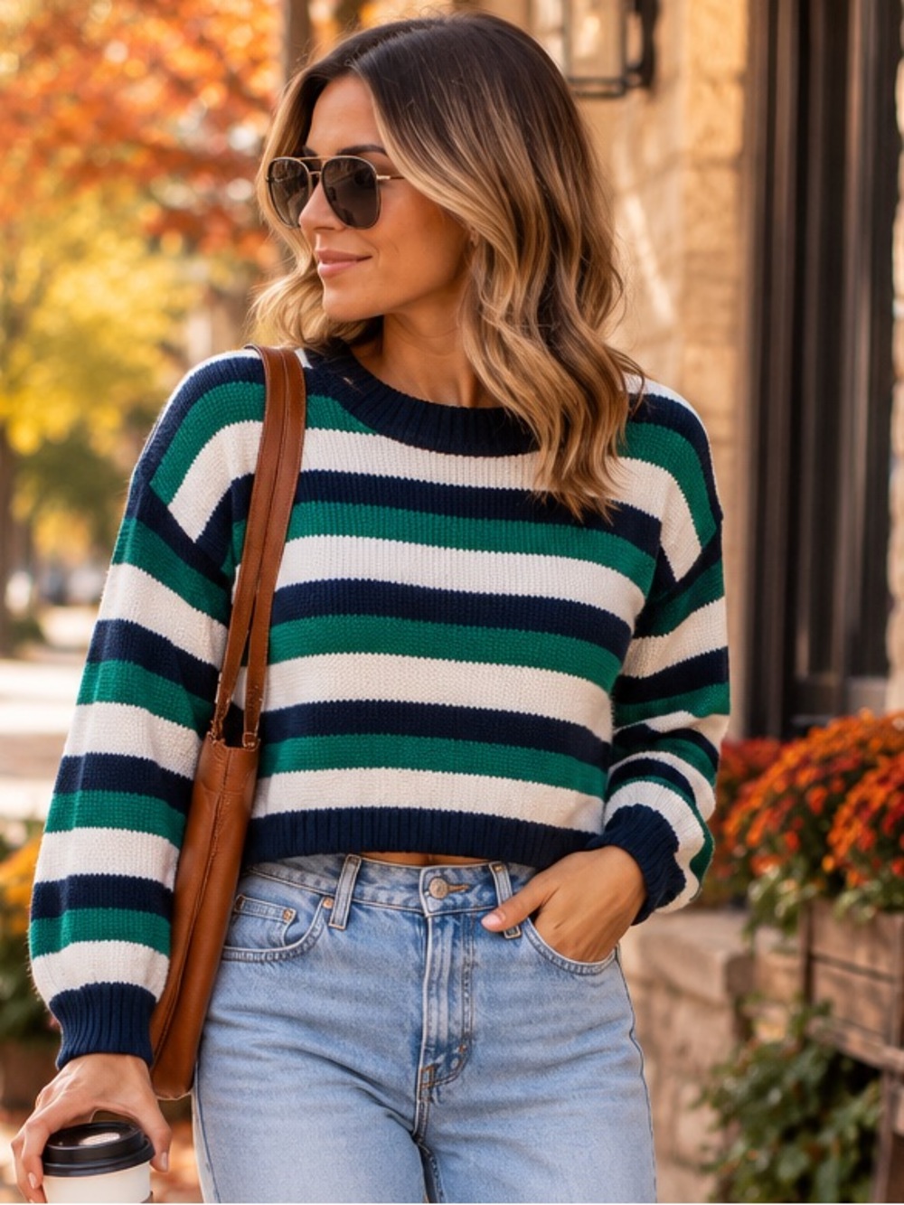 Striped Cropped Knit Sweater Green Navy White Size S